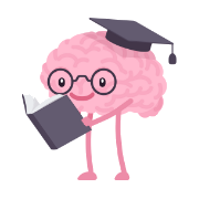 Cartoonized brain wearing a graduation cap and holding a book