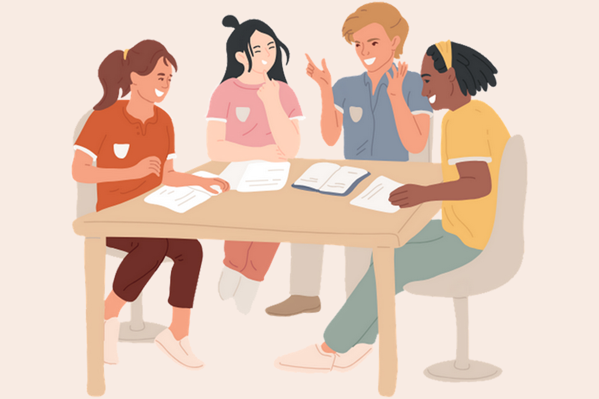 Illustration of four teen friends sitting around a desk smiling while studying